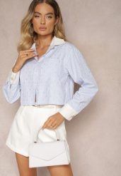 Niebieska Koszula o Skróconym Fasonie z Cyrkoniami Levima. Niebieskie koszule damskie Renee, m, bez wzorów, z jeansu, eleganckie, bez kołnierzyka, bez ramiączek. Za 79.99 zł.