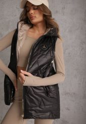 Czarna Długa Kamizelka Pikowana z Nieodpinanym Kapturem Ozdobiona Naszywką Kasseda. Czarne kamizelki damskie Renee, l, z aplikacjami, z jeansu. Za 139.99 zł.