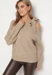 Ciemnobeżowy Sweter Ozdobiony Kokardą i Wycięciem Noredi. Brązowe swetry klasyczne damskie Born2be, na zimę, z jeansu, bez kołnierzyka. Za 119.99 zł.