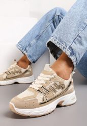 Ciemnobeżowe Sneakersy na Grubej Podeszwie Ozdobione Przeszyciami Linarei. Brązowe obuwie sportowe damskie Renee, bez zapięcia. Za 59.99 zł.