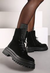 Czarne Sznurowane Botki Workery na Grubej Podeszwie z Cyrkoniami Vaiandria. Czarne botki damskie Born2be, z jeansu, bez obcasa, na płaskiej podeszwie, bez zapięcia. Za 169.99 zł.