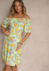 Jasnoniebieska Sukienka Typu Hiszpanka z Bawełną ze Wzorem Cytrusów Aprona. Niebieskie sukienki damskie Renee, bez wzorów, z bawełny, eleganckie, bez ramiączek. W wyprzedaży za 55.99 zł.