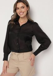 Czarna Klasyczna Koszula z Wiskozą Linarina. Czarne koszule damskie Born2be, m, bez wzorów, z jeansu, eleganckie, bez kołnierzyka, bez ramiączek. Za 69.99 zł.
