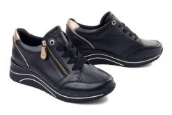 Rieker Remonte D0T03-03 black combination, półbuty damskie. Czarne półbuty damskie Rieker Remonte, bez wzorów, ze skóry, bez obcasa, na koturnie, bez zapięcia. Za 429.90 zł.