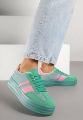 Zielono-Różowe Sneakersy w Stylu Tenisówek z Geometrycznym Wzorem Melundea. Zielone obuwie sportowe damskie Renee, z jeansu, bez zapięcia, tenisowe. Za 99.99 zł.