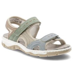 Sandały damskie Rieker, cholewka ze skóry ekologicznej z kolorowymi wstawkami regulowanymi paskami na rzep odkryty fason, kolorowe, 68866-94. Sandały damskie Rieker, bez wzorów, ze skóry ekologicznej, bez obcasa, bez zapięcia. Za 319.00 zł.