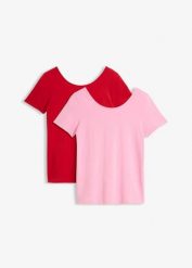 T-shirt z głębokim dekoltem na plecach (2 szt.). Czarne t-shirty damskie bonprix, bez wzorów, bez kołnierzyka. Za 55.98 zł.