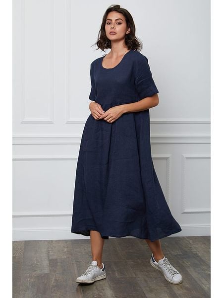 Fleur de Lin Lniana sukienka "Gustavo" w kolorze granatowym rozmiar: L. Niebieskie sukienki damskie Fleur de Lin, bez wzorów, ze lnu, bez ramiączek. Za 135.49 zł.