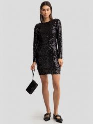 Sukienka damska mini cekinowa dopasowana czarna Efori 906. Czarne sukienki damskie Big Star, bez wzorów, z materiału, eleganckie, bez ramiączek. W wyprzedaży za 139.99 zł.