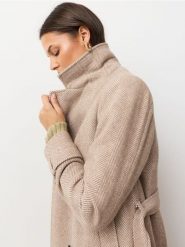 Wiązany płaszcz z domieszką wełny i wiskozy - beżowy. Brązowe płaszcze damskie Sinsay, l, bez wzorów, z wełny, bez kaptura. Za 139.99 zł.
