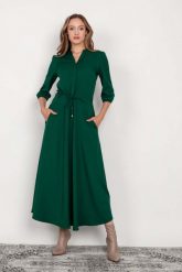Długa Sukienka Odcinana w Pasie - Zielona. Zielone sukienki damskie Lanti, bez wzorów, z materiału, wizytowe, bez ramiączek. Za 349.90 zł.