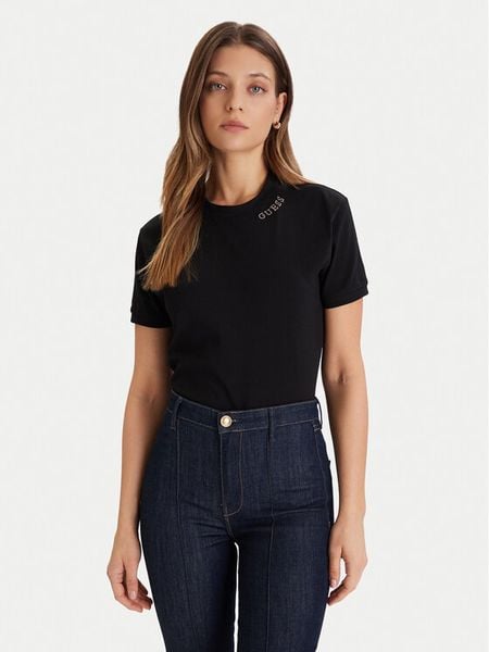 Guess T-Shirt V5BI12 K8FQ4 Czarny Regular Fit. Czarne t-shirty damskie Guess, xs, z aplikacjami, z bawełny, bez kołnierzyka. Za 159.99 zł.