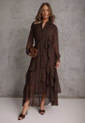 Brązowa Sukienka o Koszulowym Kroju z Przedłużonym Tyłem i Falbanami Savarinna. Brązowe sukienki damskie Renee, bez wzorów, z poliesteru, bez ramiączek. Za 219.99 zł.