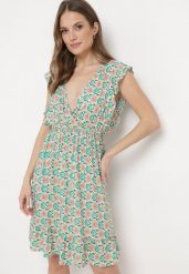 Zielona Sukienka Mini z Wiskozy w Mozaikowy Wzór z Gumką w Pasie Lariaa. Zielone sukienki damskie Born2be, bez wzorów, z materiału, bez ramiączek. Za 89.99 zł.
