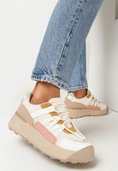 Beżowe Sneakersy na Płaskiej Grubej Podeszwie z Imitacji Zamszu Ozdobione Wstawkami z Ekoskóry Mariatta. Brązowe obuwie sportowe damskie Born2be, przed kostkę, bez zapięcia. Za 99.99 zł.