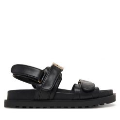 Sandały Guess. Czarne sandały damskie Guess, z aplikacjami, bez obcasa, na płaskiej podeszwie, bez zapięcia. Za 479.99 zł.