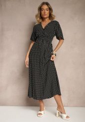 Czarna Sukienka z Bawełną i Kopertowym Dekoltem ze Wzorem w Kropki Ldivona. Czarne sukienki damskie Renee, bez wzorów, z bawełny, eleganckie, bez ramiączek. Za 69.99 zł.