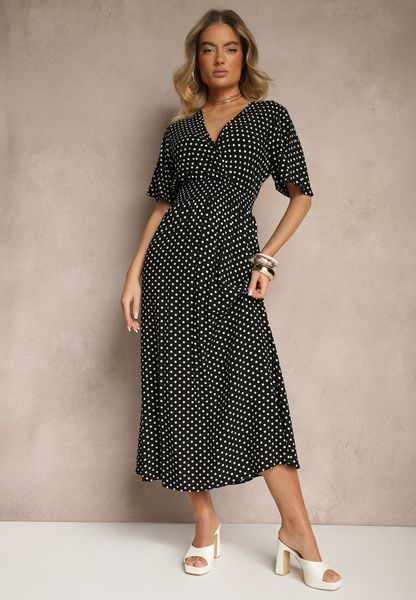 Czarna Sukienka z Bawełną i Kopertowym Dekoltem ze Wzorem w Kropki Ldivona. Czarne sukienki damskie Renee, bez wzorów, z bawełny, eleganckie, bez ramiączek. Za 69.99 zł.