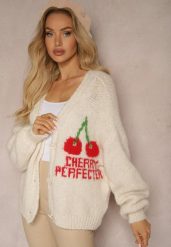 Jasnobeżowy Kardigan z Domieszką Wełny z Napisem i Wiśnią Benana. Brązowe kardigany damskie Renee, z aplikacjami, z jeansu. Za 159.99 zł.
