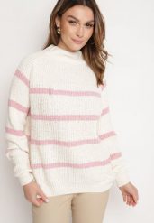 Beżowo-Różowy Sweter z Wiskozą w Paski Dintia. Czerwone swetry klasyczne damskie Born2be, uniwersalny, z jeansu, bez kołnierzyka. Za 64.99 zł.