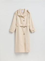 Trencz z bawełną - beżowy. Brązowe płaszcze damskie Reserved, l, bez wzorów, z bawełny, bez kaptura. Za 329.99 zł.