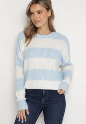 Jasnoniebieski Sweter w Pasy z Wełną Zakończony Ściągaczem Tiaelle. Niebieskie swetry klasyczne damskie Born2be, z wełny, bez kołnierzyka. Za 129.99 zł.