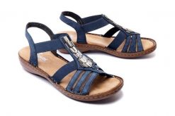 RIEKER 60800-14 blue, sandały damskie. Niebieskie sandały damskie Rieker, bez wzorów, bez obcasa, na koturnie, bez zapięcia. Za 254.92 zł.