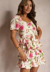 Beżowo-Różowa Rozkloszowana Sukienka Ozdobiona Falbanami i Bufkami Doragia. Brązowe sukienki damskie Renee, bez wzorów, bez ramiączek. Za 149.99 zł.