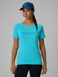 4F T-shirt slim z nadrukiem damski - turkusowy XS. Niebieskie t-shirty damskie 4F, l, bez wzorów, z materiału, bez kołnierzyka. Za 49.99 zł.
