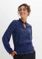 Bluzka z przeszyciem cienkimi gumkami. Niebieskie bluzki damskie bonprix, bez wzorów, bez kołnierzyka, bez ramiączek. Za 54.99 zł.