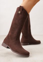 Brązowe Ażurowe Botki z Geometryczną Ozdobą Naeraste. Brązowe botki damskie Renee, z jeansu, bez obcasa, na płaskiej podeszwie, bez zapięcia. Za 139.99 zł.