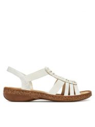 Rieker Sandały 62809-60 Biały. Białe sandały damskie Rieker, bez wzorów, z syntetyku, bez obcasa, na płaskiej podeszwie, bez zapięcia. Za 299.99 zł.