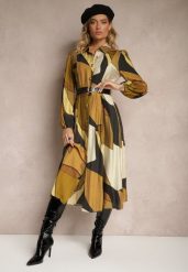 Ciemnozielona Koszulowa Sukienka z Wiskozą Zdobiona Geometrycznym Wzorem z Paskiem w Talii Tifiel. Zielone sukienki damskie Renee, z aplikacjami, z wiskozy, eleganckie, bez ramiączek. W wyprzedaży za 107.99 zł.