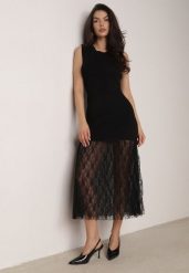 Czarna Koktajlowa Sukienka z Wiskozą i Rozkloszowanym Koronkowym Dołem Erivissa. Czarne sukienki damskie Born2be, bez wzorów, z koronki, eleganckie, bez ramiączek. Za 109.99 zł.