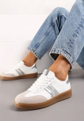 Biało-Srebrne Sneakersy Tenisówki na Kauczukowej Podeszwie Alleia. Białe obuwie sportowe damskie Born2be, bez wzorów, z jeansu, bez zapięcia. Za 99.99 zł.