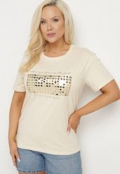 Beżowy T-shirt Bawełniany Ozdobiony Cekinami Lirenell. Brązowe t-shirty damskie Born2be, xl, bez wzorów, z bawełny, bez kołnierzyka. Za 39.99 zł.