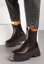 Brązowe Botki Sztyblety w Stylu Grunge na Platformie Wykończone Elastyczną Wstawką Tinaias. Brązowe botki damskie Renee, z jeansu, z okrągłym noskiem, bez obcasa, na obcasie, bez zapięcia. Za 159.99 zł.