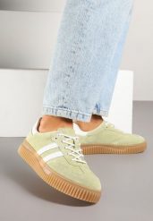Jasnozielone Sneakersy z Naturalnego Zamszu na Grubej Tłoczonej Podeszwie Teneskela. Zielone obuwie sportowe damskie Born2be, z materiału, bez zapięcia. Za 159.99 zł.