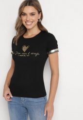 Czarny Bawełniany T-shirt Ozdobiony Cyrkoniami Arilian. Czarne t-shirty damskie Born2be, m, bez wzorów, z bawełny, bez kołnierzyka. Za 79.99 zł.