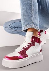 Biało-Fuksjowe Sznurowane Sneakersy za Kostkę z Brokatem i Metalicznymi Wstawkami Sareena. Białe obuwie sportowe damskie Renee, za kostkę, bez zapięcia. Za 49.99 zł.