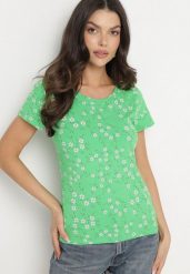Zielony T-shirt z Bawełny w Kwiaty Savilisse. Zielone t-shirty damskie Born2be, l, bez wzorów, z bawełny, bez kołnierzyka. Za 29.99 zł.
