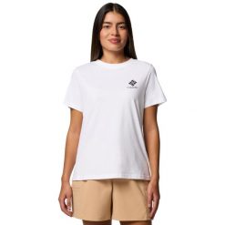 T-shirt sportowy z krótkim rękawem damski Rolling Bend Graphic SS Tee. Białe koszulki sportowe damskie Columbia, xl, bez wzorów, z bawełny, bez ramiączek. Za 99.99 zł.