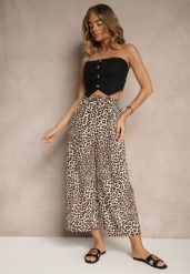 Czarno-Beżowe Spodnie Wide Leg z Gumką w Talii w Panterkowy Wzór Filanira. Czarne spodnie materiałowe damskie Renee, bez wzorów, z jeansu. Za 29.99 zł.