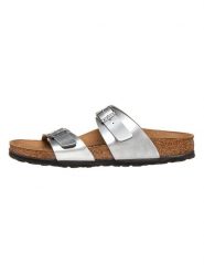 Birkenstock Klapki "Sydney" w kolorze srebrnym rozmiar: 35. Szare klapki damskie Birkenstock, bez wzorów, z otwartym noskiem, bez obcasa, bez zapięcia. Za 209.45 zł.