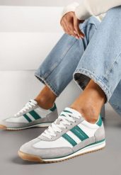 Biało-Szare Sneakersy ze Skórzaną Wkładką i Ozdobnymi Paskami Nasnella. Białe obuwie sportowe damskie Renee, bez zapięcia. Za 159.99 zł.