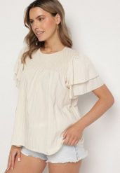 Beżowa Bluzka z Wiskozą o Trapezowym kroju z Falbankami i Elastyczną Wstawką Dorlimi. Brązowe bluzki damskie Born2be, bez wzorów, z jeansu, eleganckie, bez kołnierzyka, bez ramiączek. Za 64.99 zł.