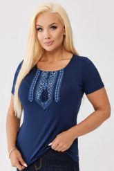 Bawełniana granatowa bluzka z haftem przy dekolcie OVERSIZE PLUS SIZE WIOSNA LATO. Białe bluzki damskie Moda Size Plus Iwanek, l, bez wzorów, z bawełny, biznesowe, bez kołnierzyka, plus size, bez ramiączek. Za 129.90 zł.