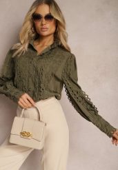 Ciemnozielona Ażurowa Koszula z Elegancką Stójką Manuella. Zielone koszule damskie Renee, l, z aplikacjami, eleganckie, bez kołnierzyka, bez ramiączek. Za 59.99 zł.
