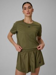 4F Crop top treningowy slim szybkoschnący damski - oliwkowy XL. Brązowe koszulki sportowe damskie 4F, l, bez wzorów, bez ramiączek, na fitness i siłownię. Za 119.99 zł.
