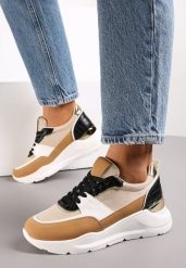 Brązowe Sneakersy na Platformie z Tłoczoną i Metaliczną Wstawką z Tyłu Biorli. Brązowe obuwie sportowe damskie Renee, ze skóry, bez zapięcia. Za 59.99 zł.